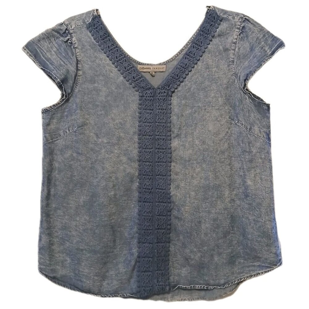 Absolutely Famous Womens Top Blue Tencel Chambray Lace Floral Western Boho XL